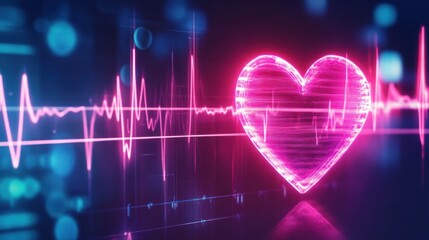 Glowing pink heart with heartbeat monitor.