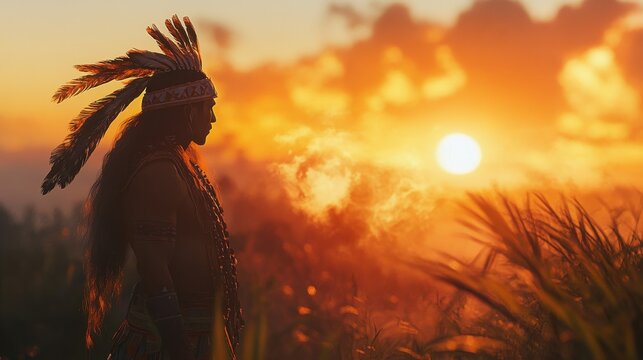 native american indian chief at sunset art,