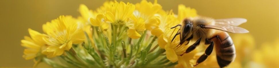 Fototapeta premium A fuzzy bee gathers pollen on a vibrant yellow flower against a sunny yellow backdrop , garden, bright