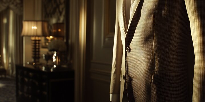 A beige summer linen suit hanging on a sleek, contemporary black dresser, with a background of soft lavender. The suit's relaxed yet stylish vibe is enhanced by an open collar shirt underneath.