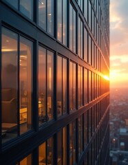 High-rise building in early morning golden hour light. Modern glass skyscraper reflects sunrise sky, business district. Exterior facade, architectural design, urban cityscape. Office building,