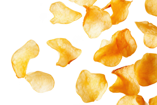 Scattered yellow potato chips against a black background in a random arrangement pattern style image