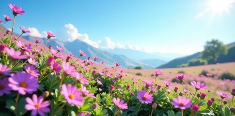 Obraz premium Delicate wildflowers in shades of purple and pink blanket a tranquil landscape beneath a clear blue sky , beautiful, bright