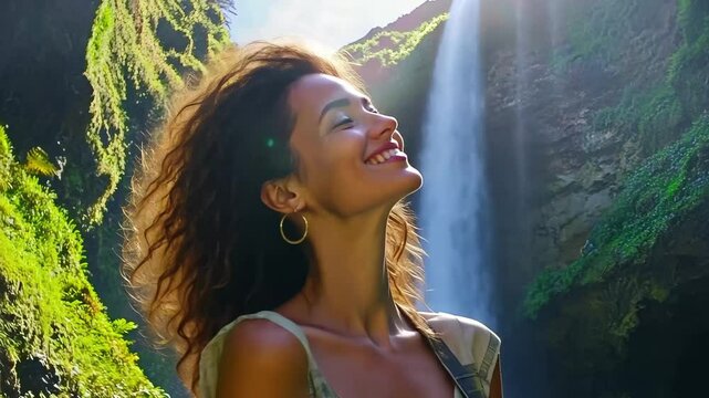 Captivated by nature at Cascata dos Anjos with a woman under the Angel waterfall, Cascata dos Anjos woman standing under Angels waterfall in Madeira vertical video for social media