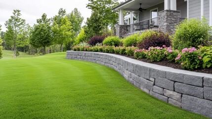 Naklejka premium Beautifully Landscaped Garden with Stone Wall and Vibrant Flower Beds