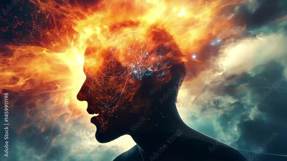 Poster Massive energy explosion in digital art representing life overload and the complexity of human experience, Massive Energy Digital Life Overload Montage