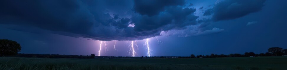 Lightning illuminates dark, stormy landscape; ominous clouds gather , nature, weather