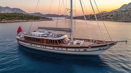 Naklejka premium Luxury yacht sailing at sunset in calm waters near islands.