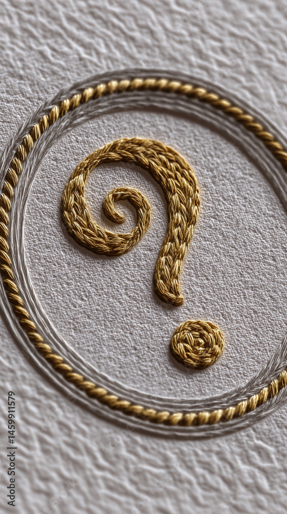 Poster gold thread embroidery question mark in circular frame on textured background, representing inquiry,