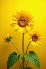 Obraz premium Vibrant sunflowers burst against sunny yellow backdrop, harvest, stems