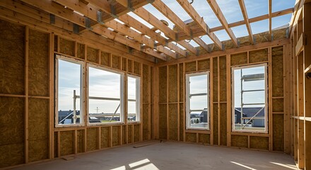 Interior of a House Under Construction with Exposed Framing and Windows