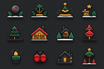 Collection of charming winter-themed icons, including trees, houses, and festive elements, perfect for holiday designs