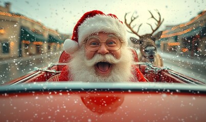 Jolly Santa Claus in a red car, reindeer beside, snowy backdrop. Festive mood