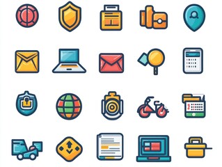 Collection of colorful line icons depicting various business and technology objects