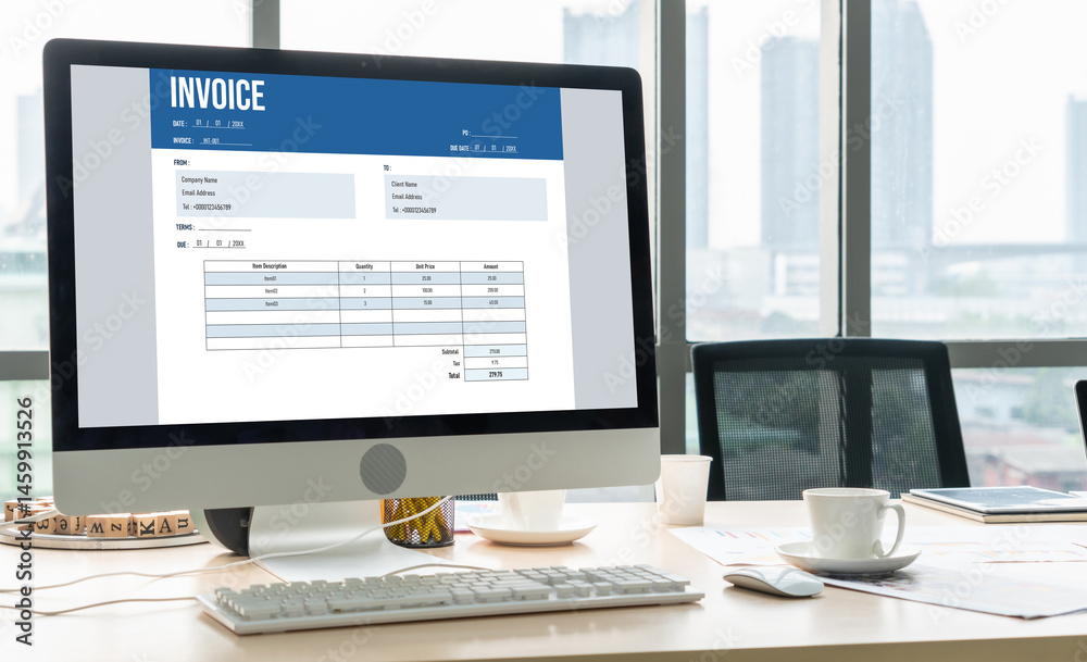 Poster invoice on computer screen from accounting application. computer program for financial and budget of