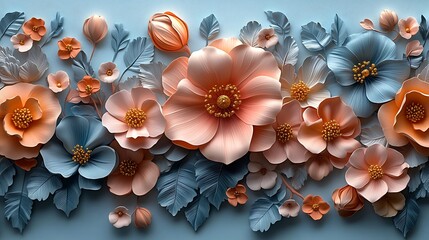 Botanical 3D floral panel with peach and slate hues high resolution image