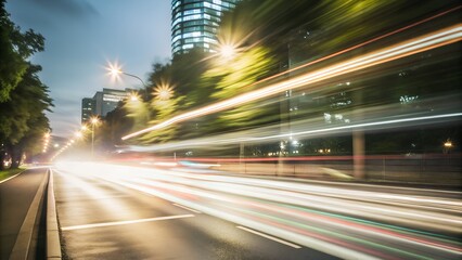 Night traffic blurred on the urban highway, city lights a fast motion blur