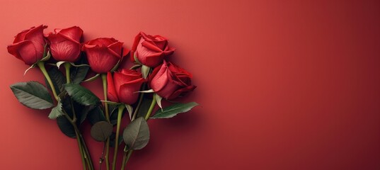 A stunning arrangement of fresh red roses set against a vibrant red background, symbolizing love and romance. Ideal for elegant presentations and decorations.