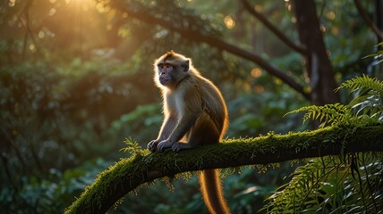 Obraz premium Monkey perched on branch in lush forest at sunrise
