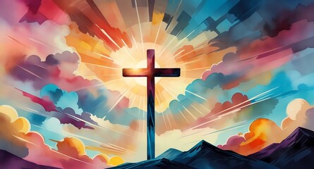 Christian cross illustration with vibrant sky background for faith and religion