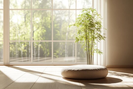Serene sunlit room with indoor bamboo plant by large window