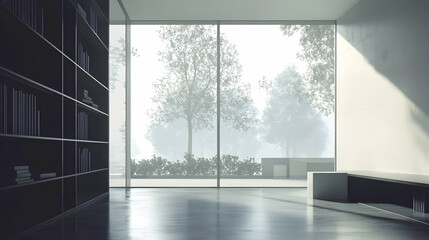 Fototapeta premium Minimalist interior with a large window overlooking a foggy park, featuring a bookshelf and a bench