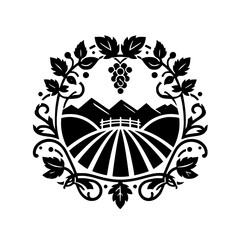 Elegant Vineyard Crest: Black & White Logo with Grapes, Mountains, and Fields