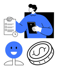 A professional holding a tablet and checklist with clock, alongside happy face and dollar coin. Ideal for business, productivity, finance, success, workplace strategy, motivation, simple landing page