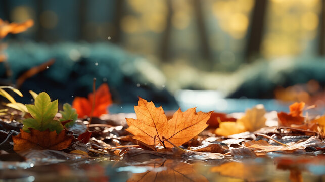 Close up of autumn leaves on the ground near water with a blurred background of trees and sunlight