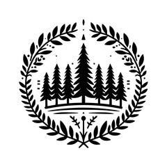 Fototapeta premium Forest Silhouette Crest: Black and White Emblem, Nature Inspired Design