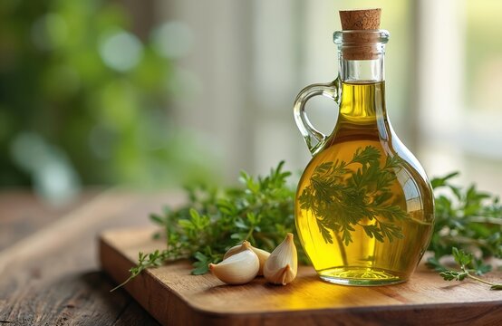Bottle infused olive oil with fresh herbs. Garlic cloves on wooden board. Mediterranean cuisine ingredient. Cooking ingredient. Rustic kitchen photo. Healthy food ingredient.