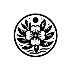Elegant Floral Emblem: Black and White Circle Design