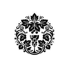 Wine Chalice with Grapevine Ornament, Black & White Vector