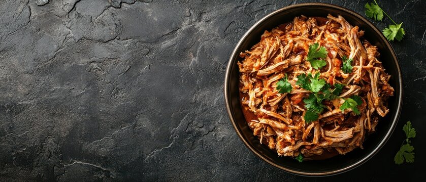Pulled pork with garnish in bowl on right side of textured dark background