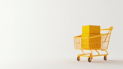 Yellow Shopping Cart with Packages: Online Shopping Concept