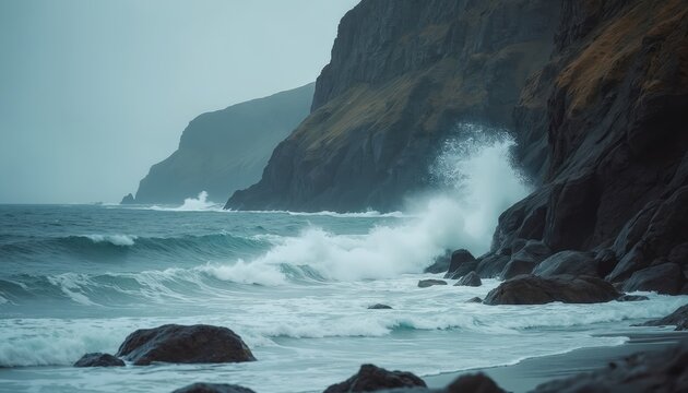 Dramatic coastal scene with waves crashing against rocky cliffs. Captures raw natural beauty. Cold seascape photo, misty ocean shore landscape. Travel, vacation, adventure, serene view, sea, ocean. - Powered by Adobe
