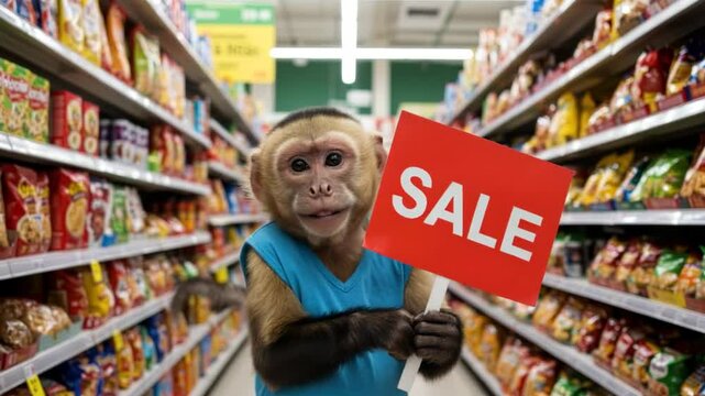 Playful Monkey Holding Sale Sign in Colorful Grocery Store Aisle Surrounded by Snacks and Products