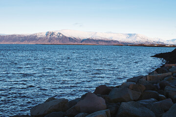 Reykjavik, Iceland- 21 November 2021: Embankment of Reykjavik town, capital of Iceland, with view...