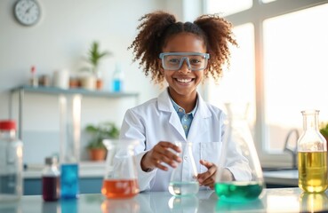 Smiling African American girl studies chemical experiment. Young student experiments in school lab with glassware, liquids. Chemistry education, kids science, biotechnology, medical research concept.