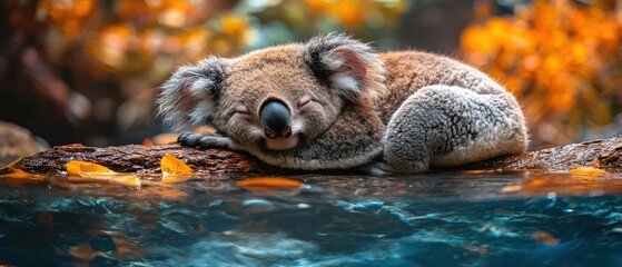 Obraz premium Koala sleeping peacefully on a log by water, autumn leaves