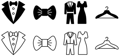 Event dress code thin line icon set. Containing clothes, shirt, suit, tie, hanger for fashion, wedding, ceremony, celebration, festival and other. Vector illustration.