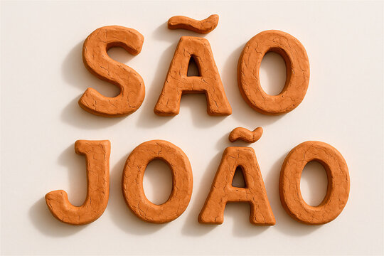 Letras de barro formando &ldquo;S&atilde;o Jo&atilde;o&rdquo; em fundo claro