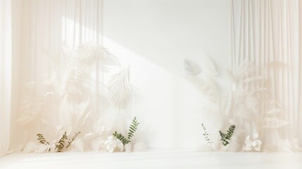 White Studio Background with Natural Foliage Silhouettes a?" A studio-inspired white background with refined natural foliage silhouettes, providing a fresh and organic feel.