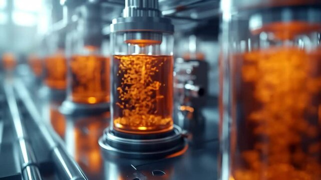 Dynamic view of aqueous iron flow battery stacks in operation, bubbling rust-colored electrolyte in clear glass chambers. Advanced clean energy storage system within a controlled lab environment.