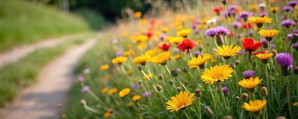 Fototapeta premium Colorful flower meadow with various flowers along path. Yellow, red, purple blooms fill the field with green grass. Scenic background, springtime view, path leads to green scenery.
