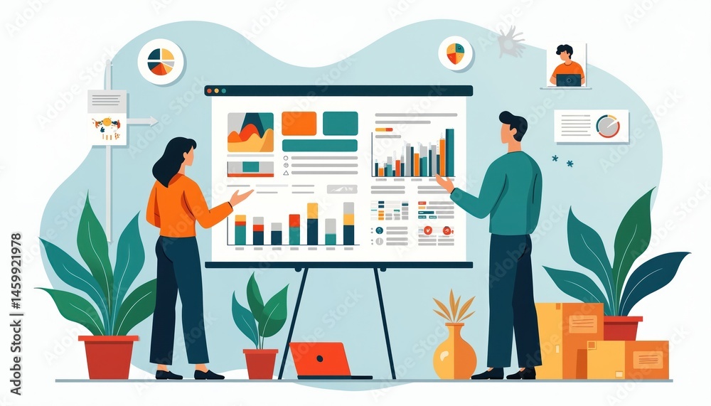Poster modern investment hub illustration features data analysis web reports clean design. business people 
