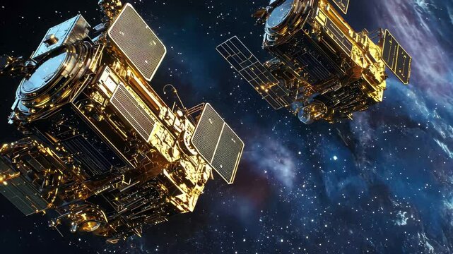 Massive earth-based space objects orbiting Earth in close proximity showcasing advanced technology, A close-up view of two massive earth-based space observatory satellites