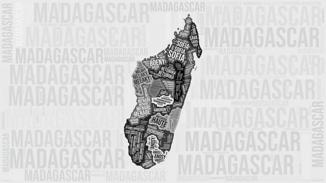 Madagascar Animation. Visual effect of Madagascar regions appearing in black and white word clouds style. Country intro video. Amazing Animated Motion Graphics.