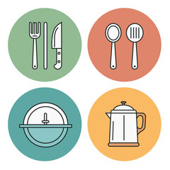 Kitchen and Dining Icons – Cutlery, Dishes, Coffee Pot