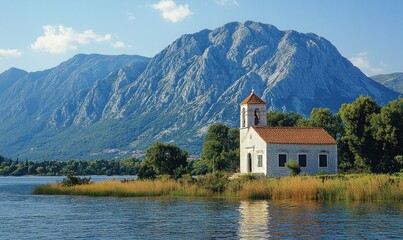 Obraz premium Lakeside church nestled against majestic mountains under a clear sky. Tranquil scene